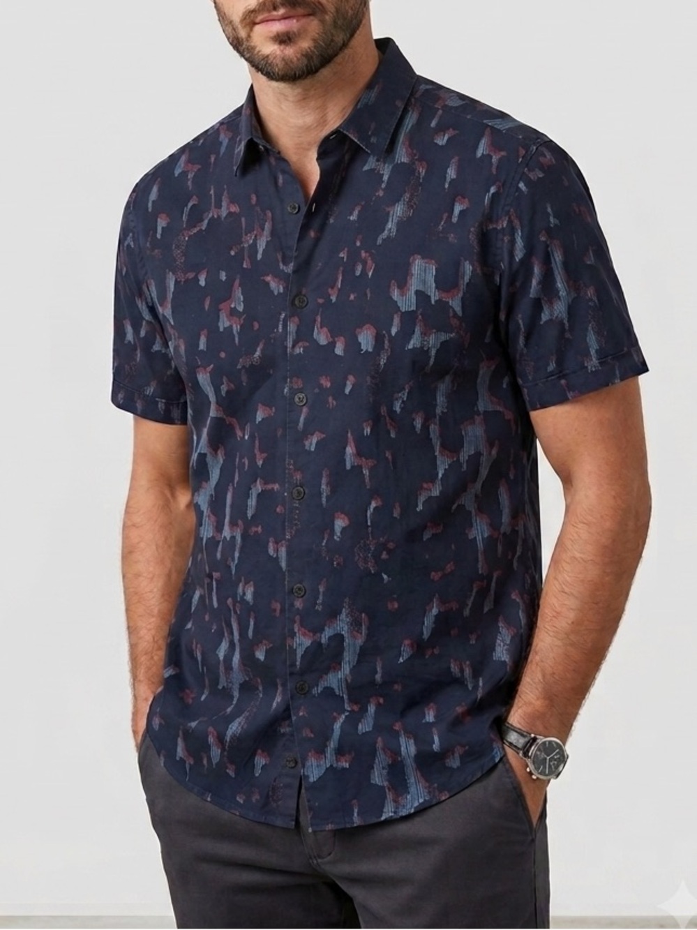 Perry Ellis Navy Short-Sleeve Button-Down with Abstract Pattern